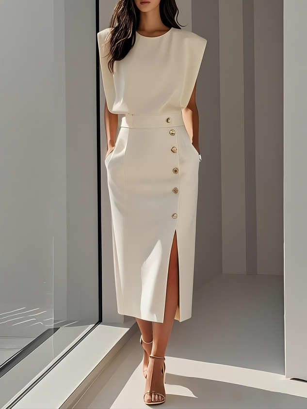 Genevieve | Solid Midi Dress with Button Slit and Round Neckline