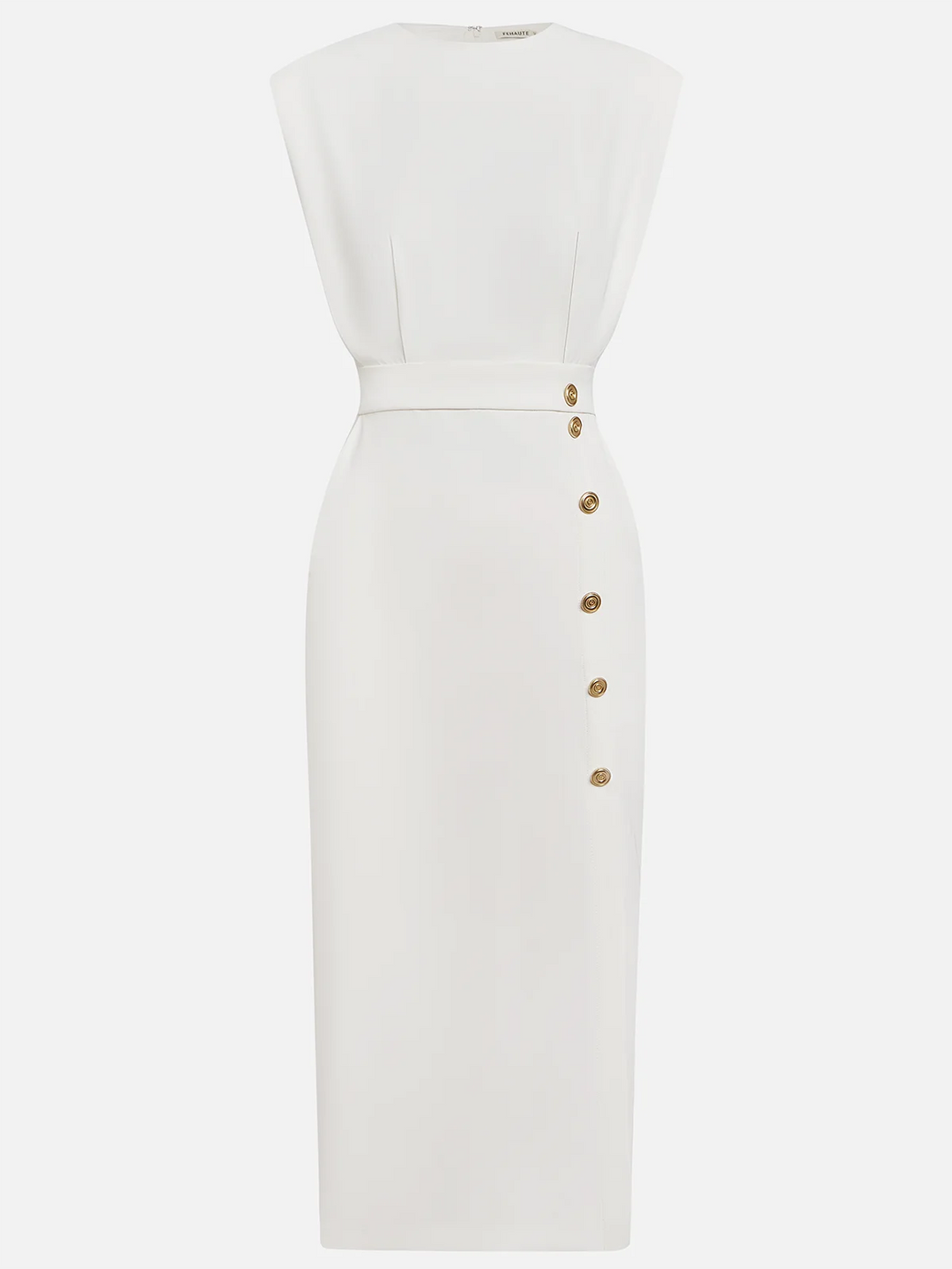 Genevieve | Solid Midi Dress with Button Slit and Round Neckline