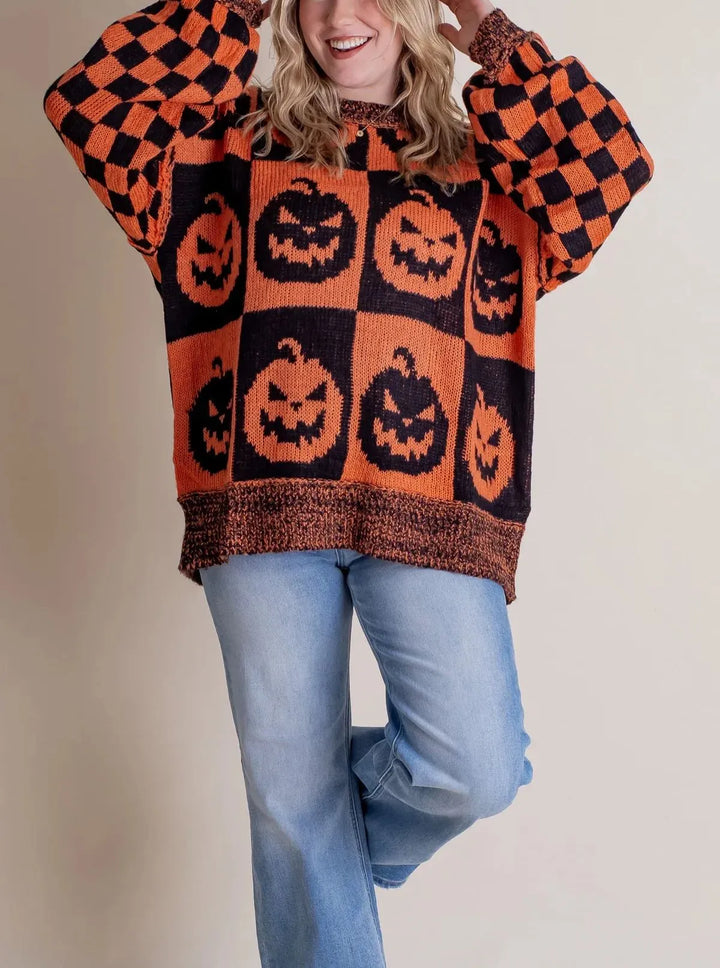 Spooky | Women's Halloween Checkered Sweater - Spooky Season